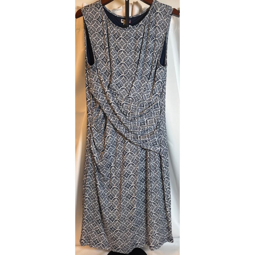 Knee-Length Sleeveless Ruched Dress Navy & White Faux Wrap Womens 14